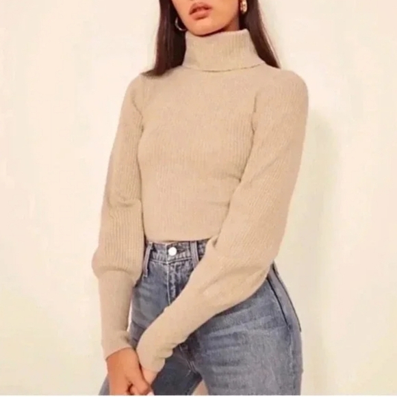 Reformation Victoria Cashmere Turtleneck Sweater in Sand - Picture 1 of 9